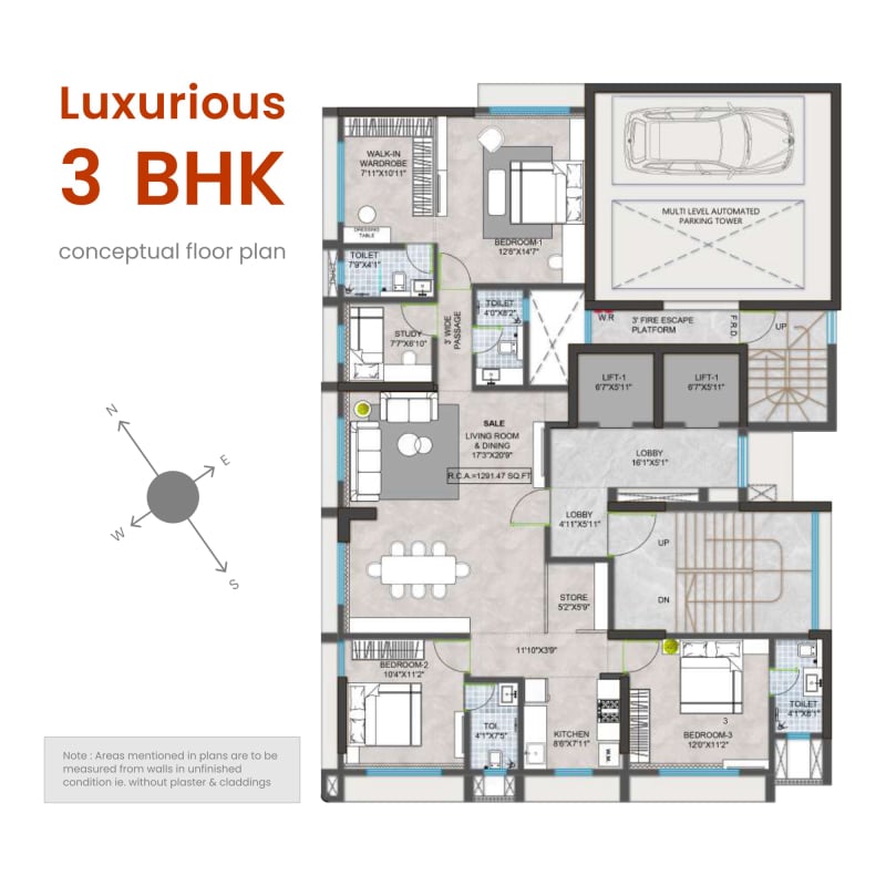 Luxurious 3 BHK Flat Plan