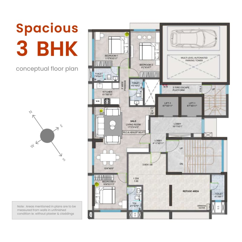 Spacious 3 BHK Flat Plan
