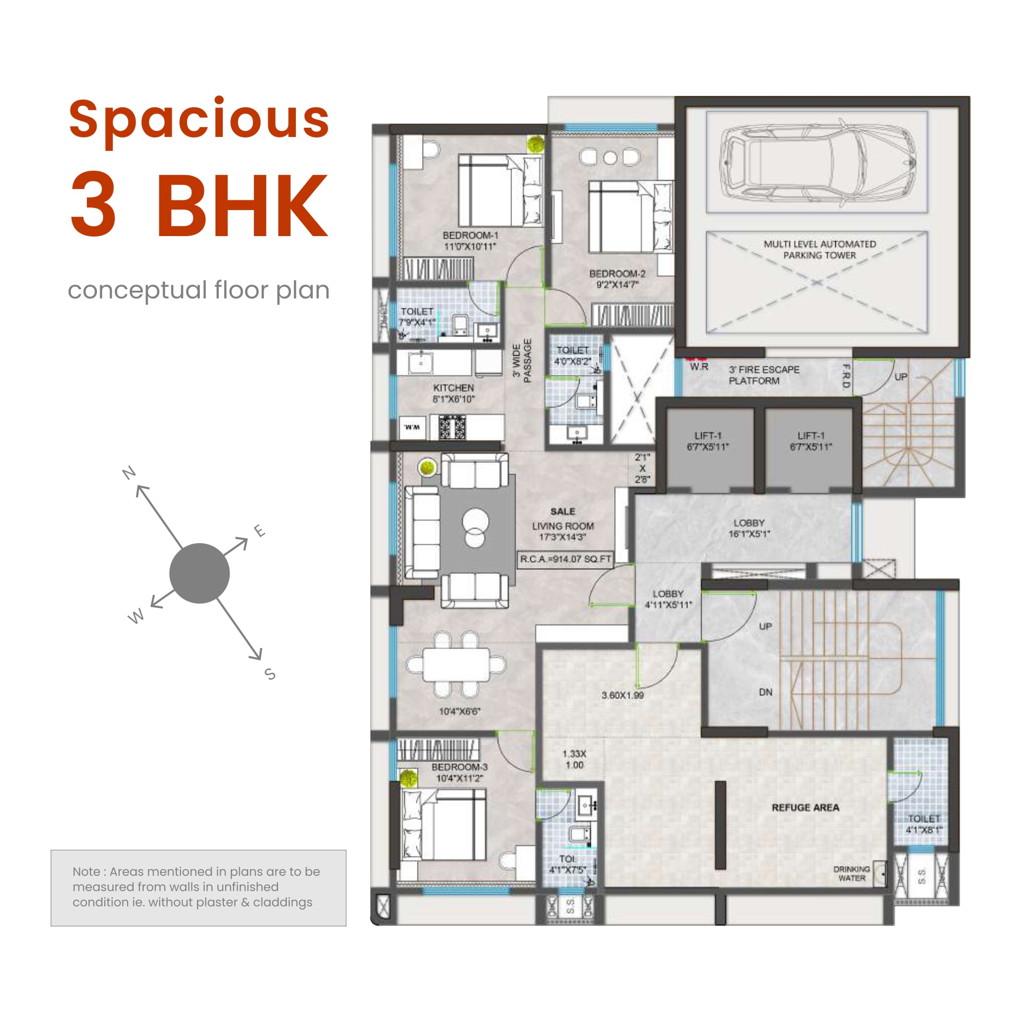 Spacious 3 BHK Flat Plan